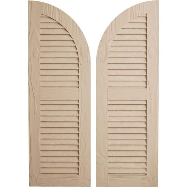 Ekena Millwork 15" x 74" Timberthane Polyurethane Sandblasted 2-Equal Louvered Quarter Round Arch Top Faux Wood Shutters Pair in Primed