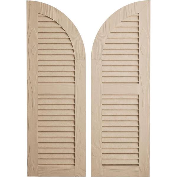 Ekena Millwork 18 x 90" Timberthane Polyurethane Sandblasted 2-Equal Louvered Quarter Round Arch Top Faux Wood Shutters Pair in Primed