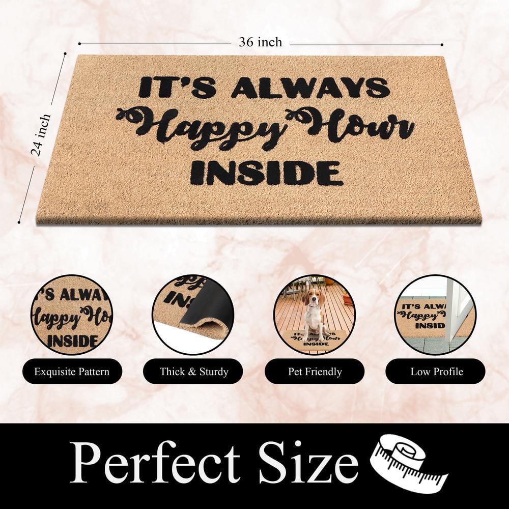 Happy Hour Black Natural Coir Outdoor Welcome Doormat, 24" x 36"