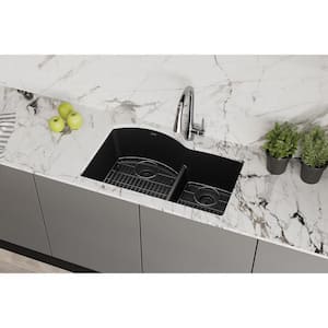 Quartz Classic 33 in. Undermount Offset 60/40 Double Bowl Black Granite/Quartz Composite Kitchen Sink Kit w/ Accessories
