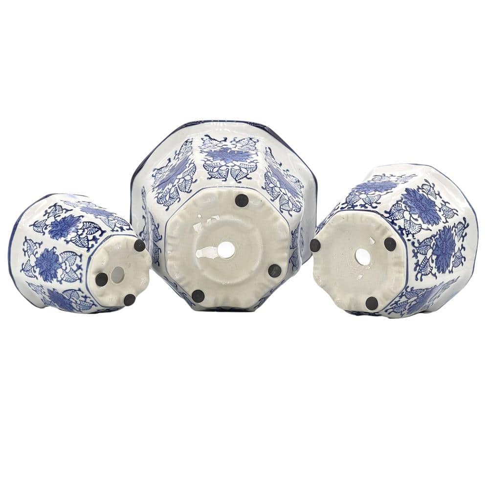 Set of 3 Blue and White Ceramic Floral Planter Pots