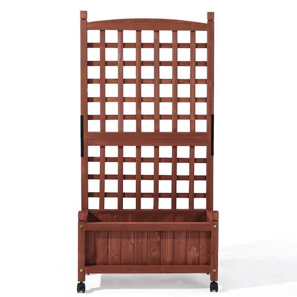 24.8 x 11.81 x 50 in (W x D x H) Teak Finished Fir Wood Planter Box with Trellis and Wheels