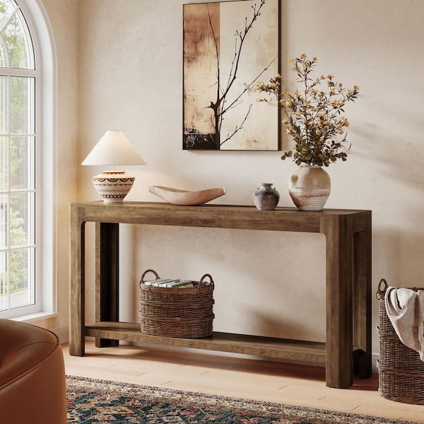 Turrella 63 in. Rustic Brown Rectangle Wood Console Table with 2-Tier for Storage, Narrow Long Sofa Table Behind Couch