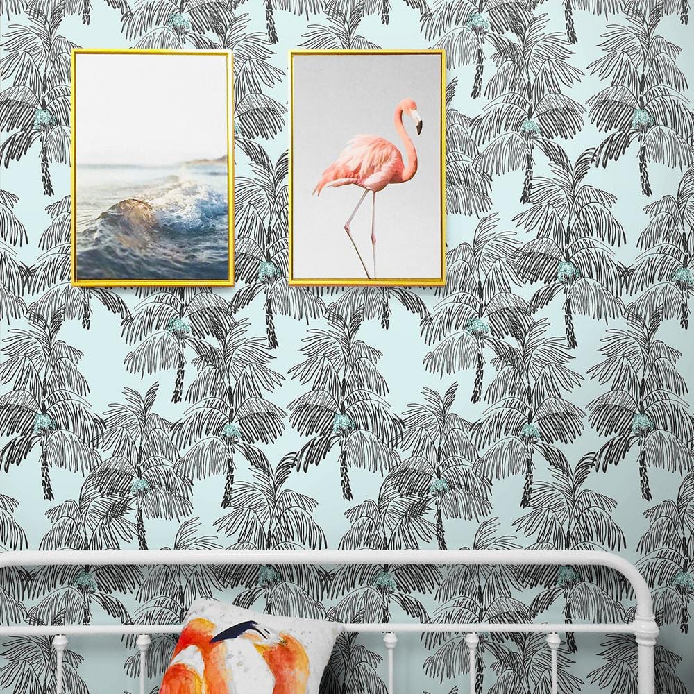 Sky Blue and Black Tropical Palm Peel and Stick Wallpaper