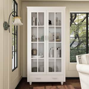 White Wooden 4-Shelf Standard Bookcase Lockers with Tempered Glass Doors, Drawer, Modern Style (70.9 in. H x 36 in. W)