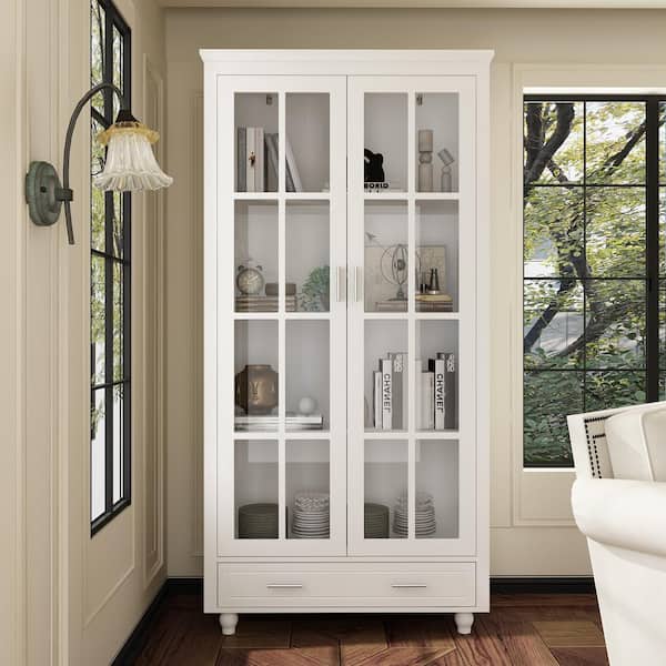 FUFU&GAGA White Wooden 4-Shelf Standard Bookcase Lockers with Tempered Glass Doors, Drawer, Modern Style (70.9 in. H x 36 in. W)
