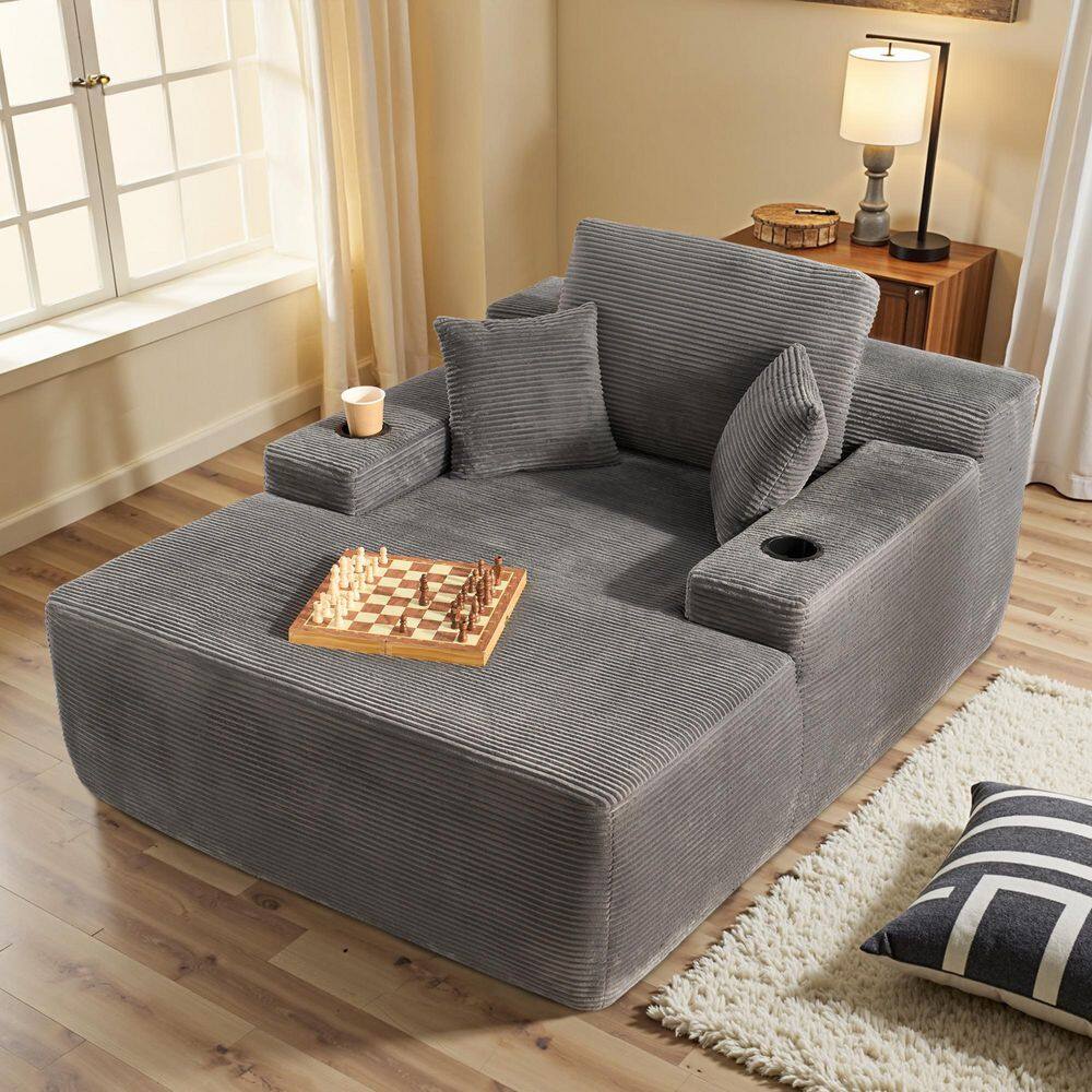 JOT 67 in. Square Arm Plush Corduroy Rectangle Chaise Lounge Sleeper Sofa Bed with Pillows and Cup Holders in Gray