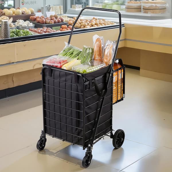 Folding Shopping Cart with Dual Baskets, Waterproof Liner, Heavy Duty Laundry and Grocery Cart, 100 lbs. Capacity Iron