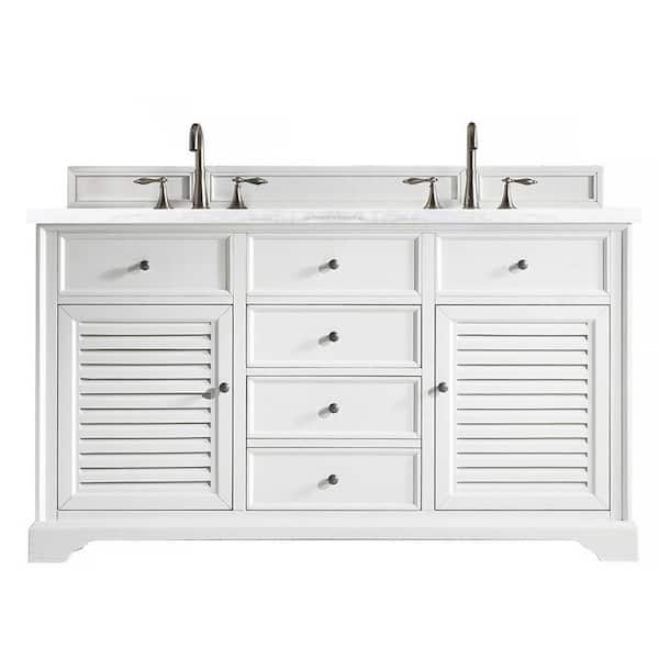 James Martin Vanities Savannah 60 in. W x 23.5 in.D x 34.3 in.H Double Vanity in Bright White with Solid Surface Top in Arctic Fall