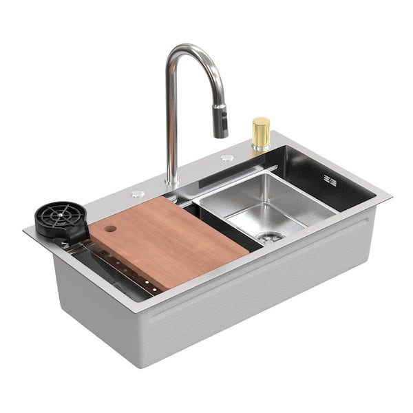 30 in. Drop-In Single Bowl Silver 304 Stainless Steel Kitchen Sink w/ Pull-Down Faucet, Cutting Board & Hidden Waterfall