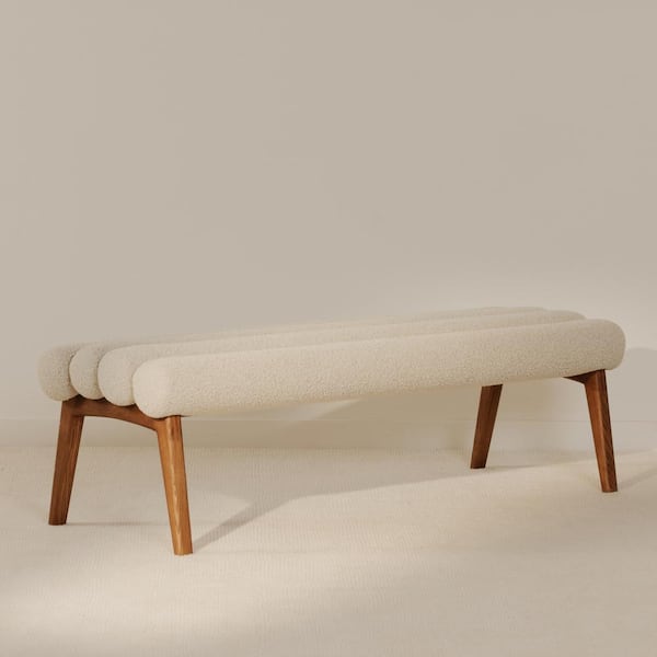 NADAAL STUDIOS Ashby Off White 60 in. Dining Bench with Ash Wood Legs and Foam Cushions