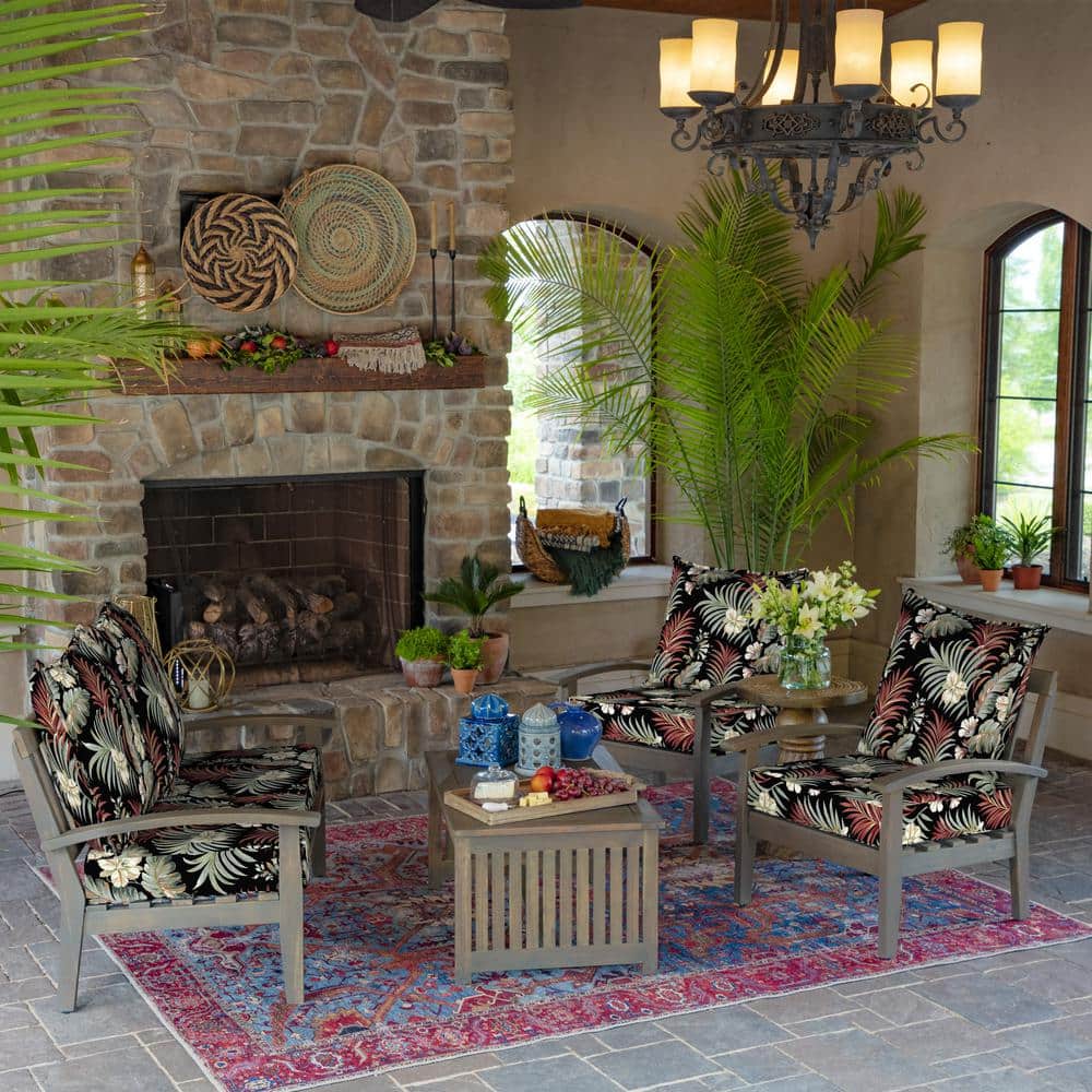 Black Tropical Outdoor Deep Seat Cushion Set