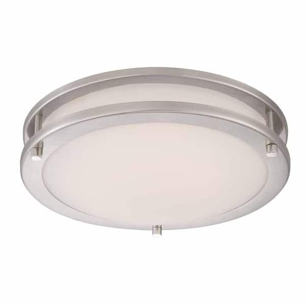 Hampton Bay 12 in. LED Brushed Nickel Low-Profile Ceiling Mounted Flushmount with Frosted White Shade (12-Pack)