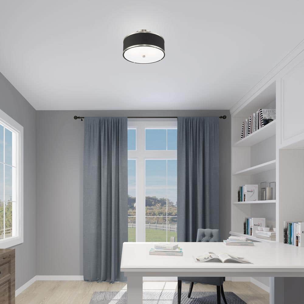 Brushed Nickel and Black Fabric 2-Light Semi-Flush Mount