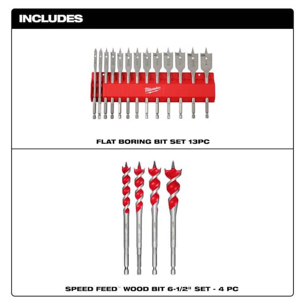 High Speed Wood Spade Bit Set with SPEED FEED Auger Wood Drilling Bit Set (17-Piece)