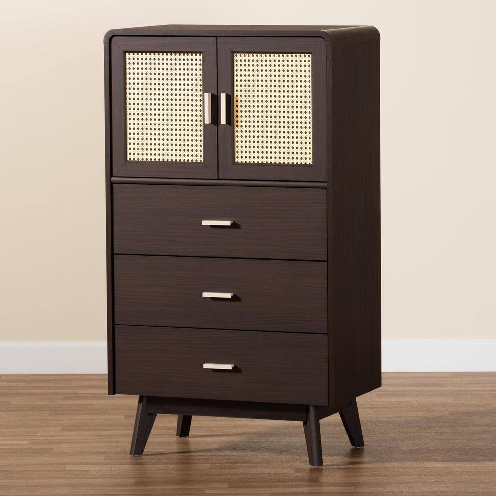 Giancarlo Espresso Brown 3-Drawer Wood Storage Chest with Rattan Doors