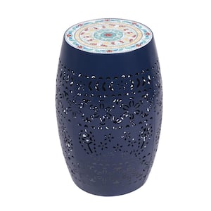 Jaris Dark Blue Iron Outdoor Patio and Indoor Side Table with Mosaic Top Design