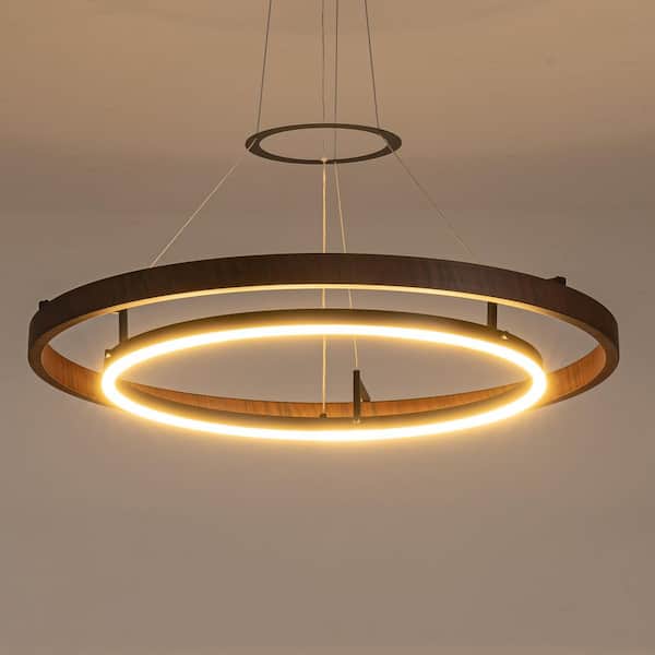 31.5 in. Brown Modern Dual Ring 1-Light LED Dimmable Pendant Light for Living Room, Dining Room, Kitchen Island