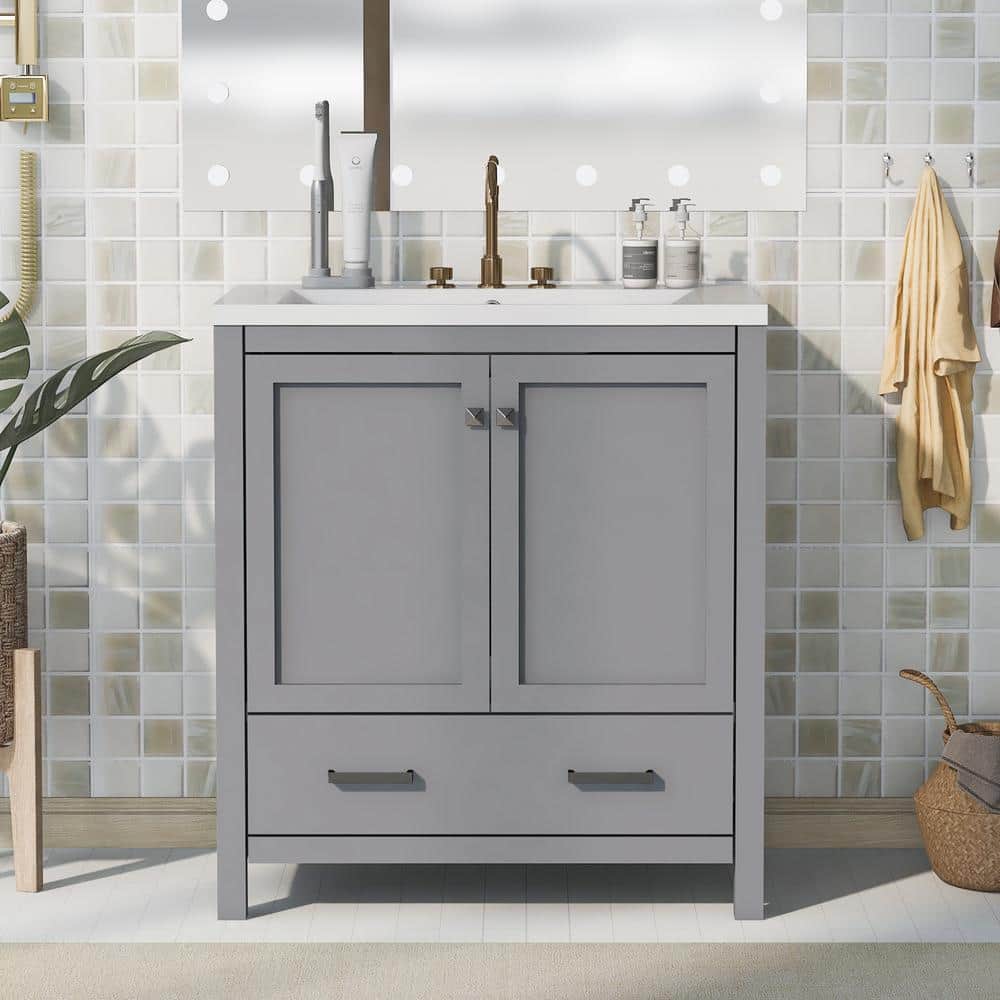 18 in. W x 30 in. D x 34 in. H Freestanding Bath Vanity in Gray with White 