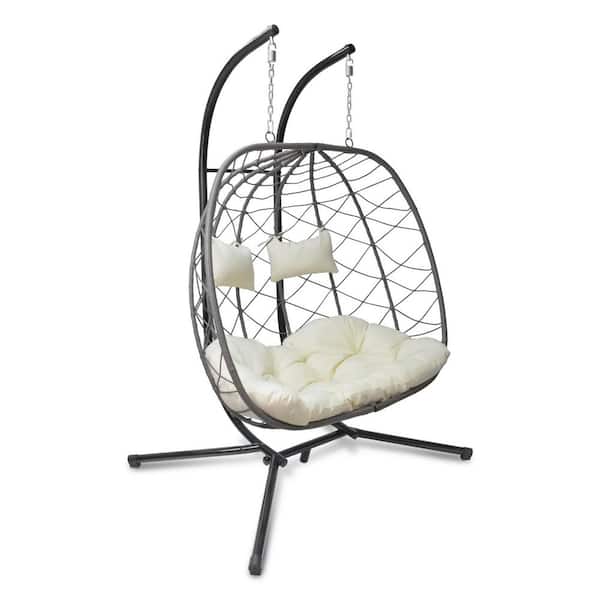 Hanging Swing 2 Seat Chair with Stand, Patio Wicker Hammock Egg Swing with Cushion for Bedroom Garden Indoor Outdoor