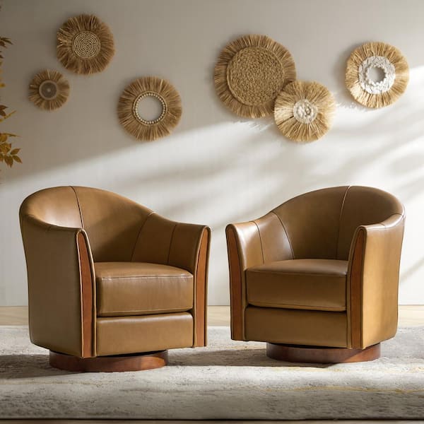 Cristina Camel 29 in. W Transitional Genuine Leather Swivel Barrel Arm Chair with Solid Wood Base(Set of 2)