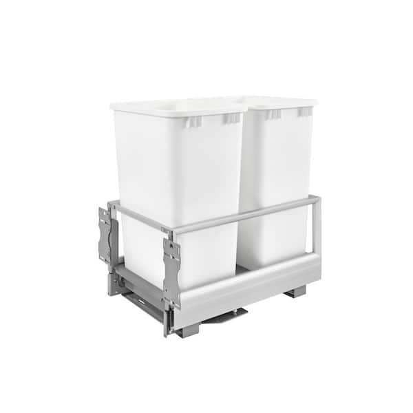 Rev-A-Shelf 23.5 in. H x 15.62 in. W x 22 in. D Double 50 Qt. Pull-Out Brushed Aluminum and White Waste Container with Rev-A-Motion