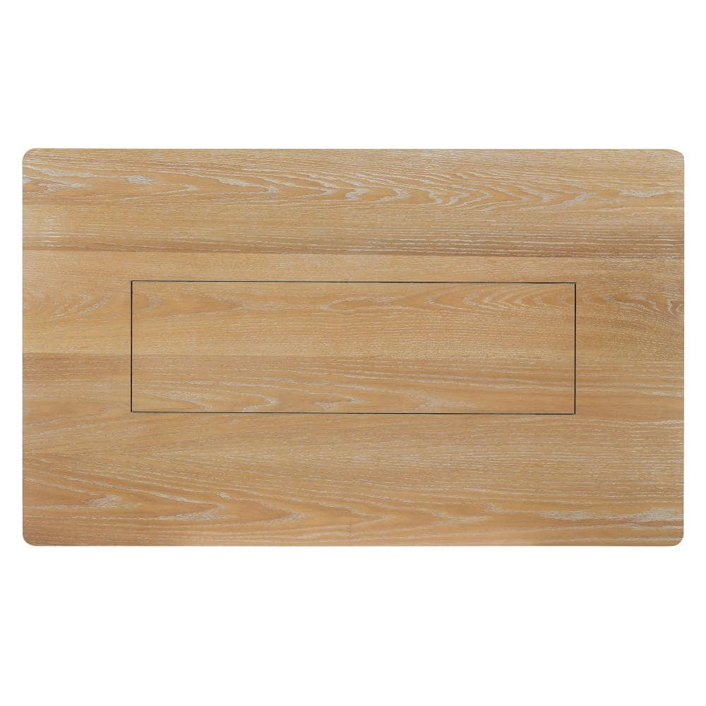 Top view of a natural wood dining table showing a rectangular inset design.