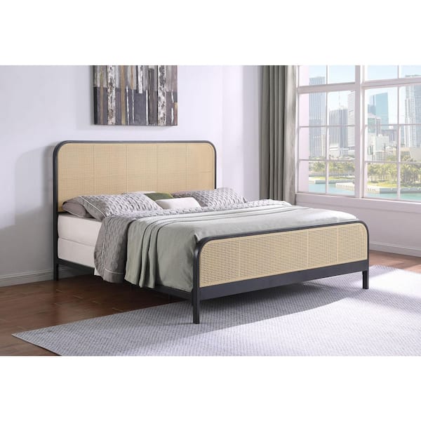 Lanewood Black Metal Frame Eastern King Panel Bed with Open Cane Webbing