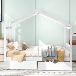 White Full Size House Platform Bed with Two Drawers, Wood House Bed Frame Full with Roof Design for Kids