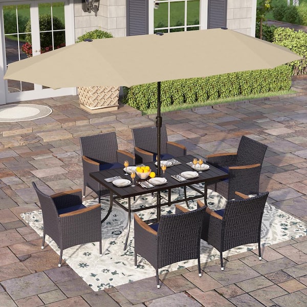 PHI VILLA Black 8-Piece Metal Patio Outdoor Dining Set with Rectangle Table, Beige Umbrella and Rattan Chairs with Blue Cushion
