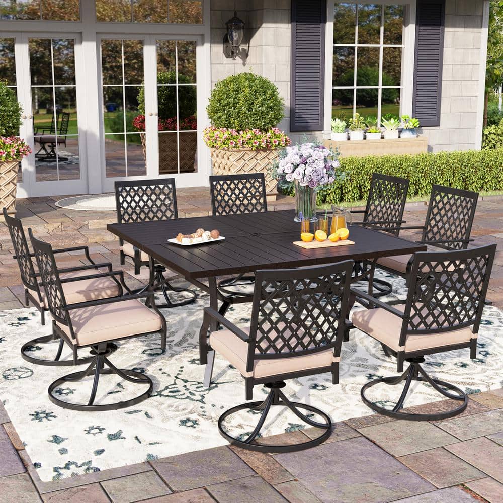 9-Piece Metal Outdoor Dining Set with Square Table and Elegant Swivel Chairs with Beige Cushions