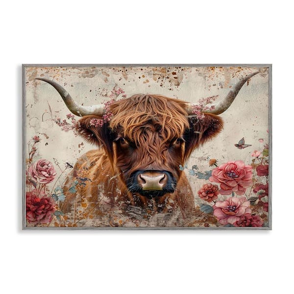 Highland Cow in Spring by LSR Design Studio Gray Framed Animal Giclee Art Print 16 in. x 24 in.