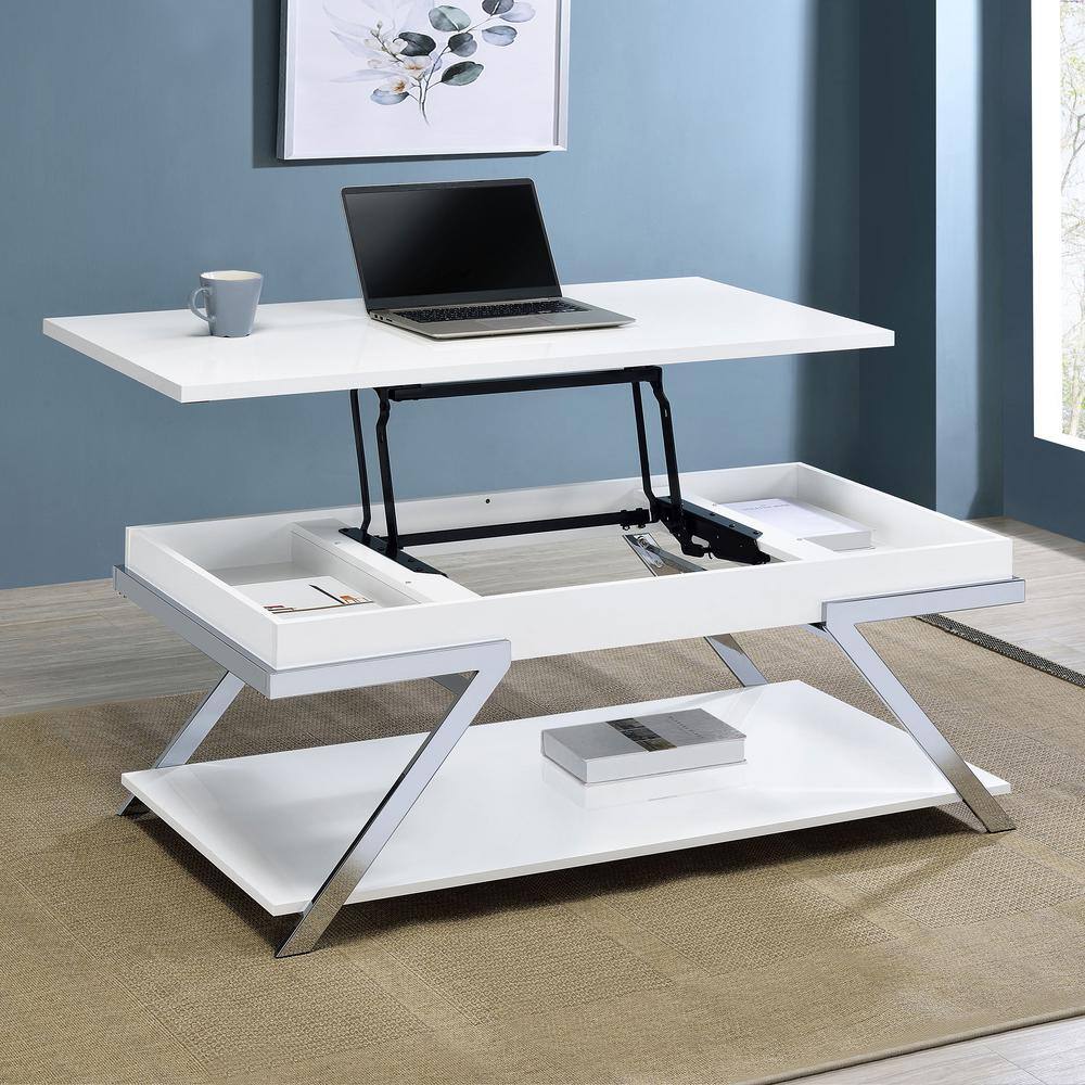 White High Gloss Rectangular Lift-Top Coffee Table with Storage