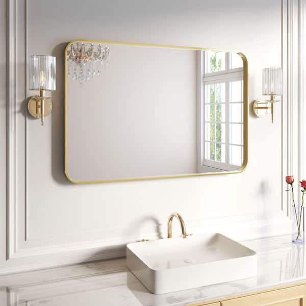48 in. W x 32 in. H Rectangular Aluminum Framed Wall Bathroom Vanity Wall Mount Mirror in Gold