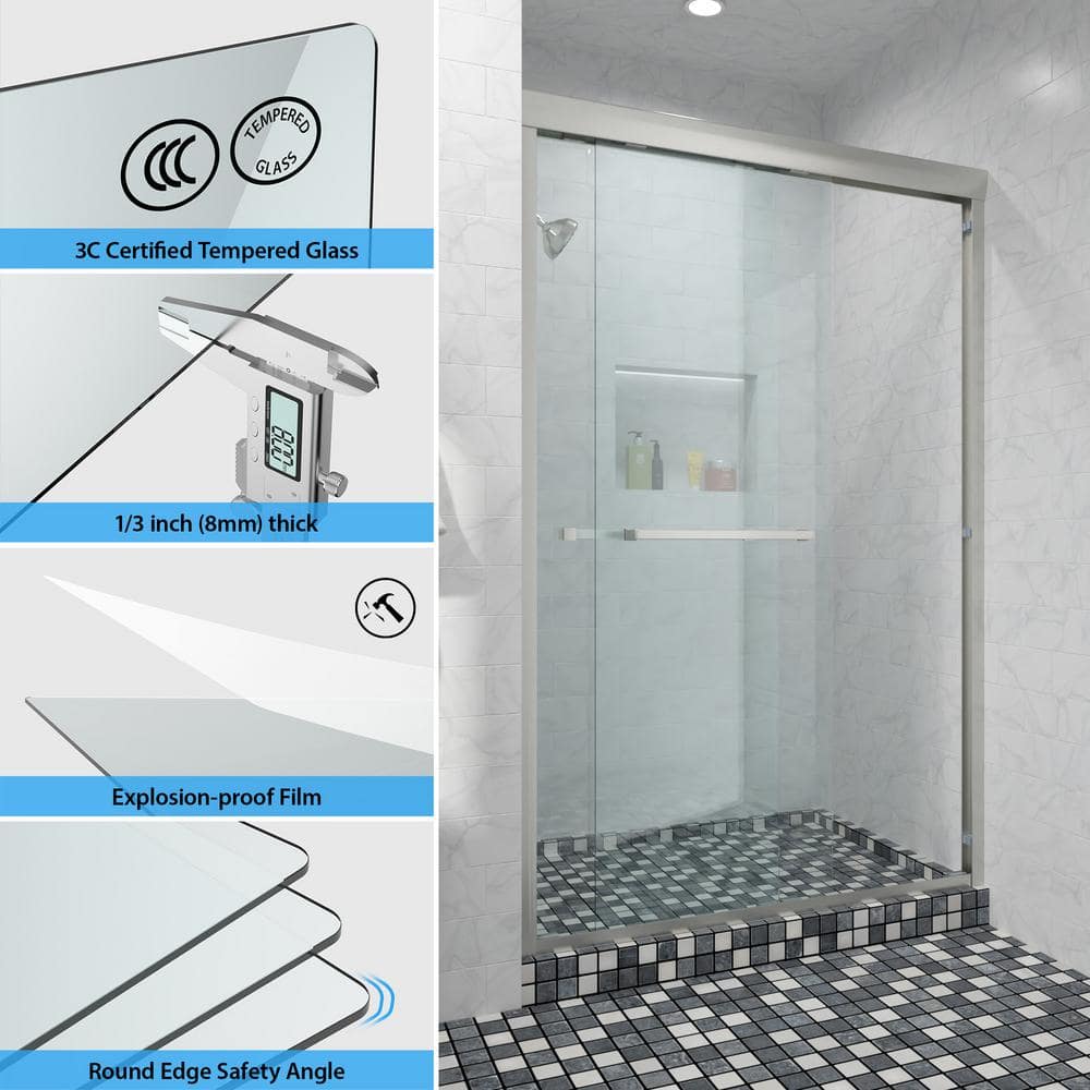48" Brushed Nickel Semi-Frameless Sliding Shower Door with Clear Glass