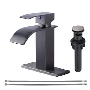 Waterfall Single Handle Single Hole Bathroom Faucet with Deckplate Included and Spot Resistant in Brushed Gray