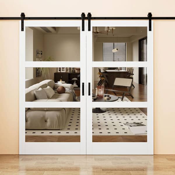 84 in. x 84 in. 3-Lite Mirrored Glass White Finished Solid Core MDF Barn Door Slab with Barn Door Hardware Kit