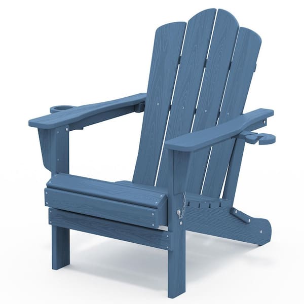 Classic Outdoor HDPE Folding Plastic Adirondack Chair with 2 Cup Holders in Navy (Set of 1)