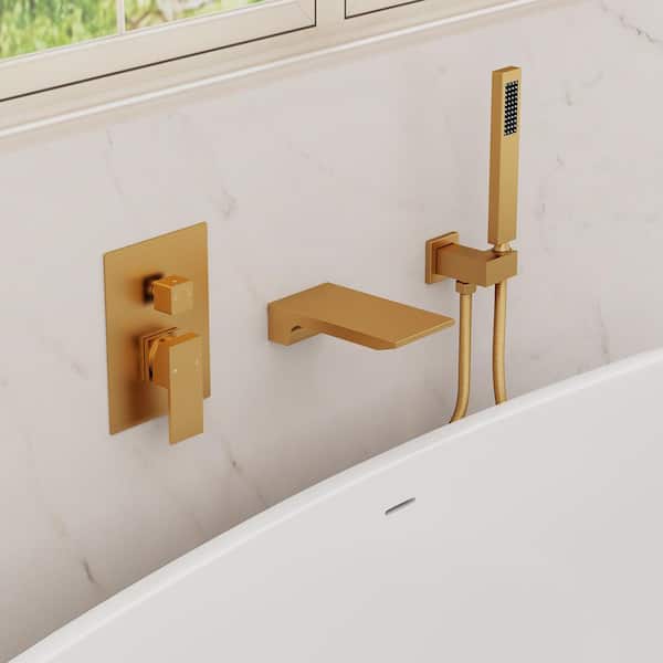 Wall Mount Tub Faucet Single Handle 2.5 GPM 2-Spray Tub and Shower Faucet in Brushed Gold Valve Included