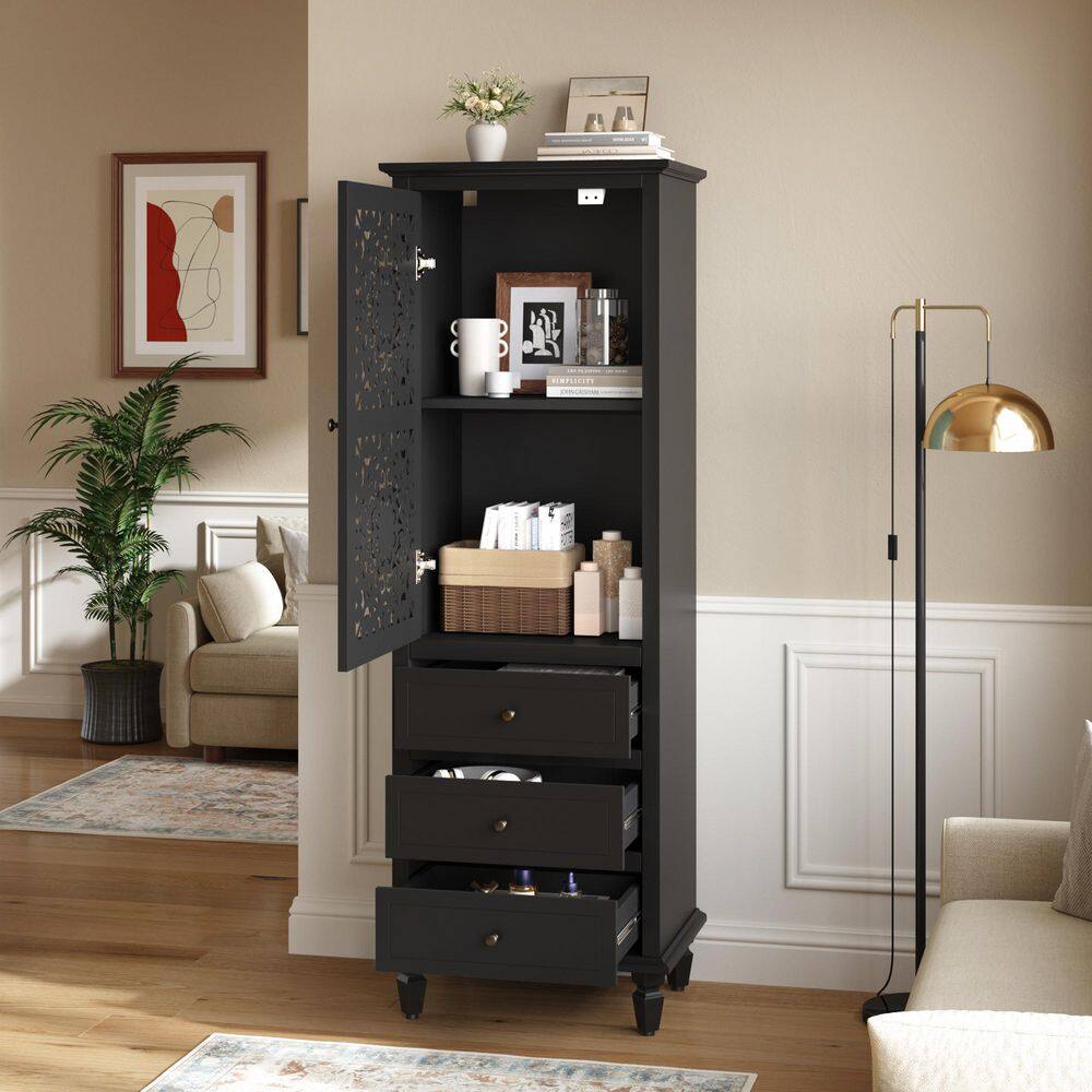 Black 62.99 in. H Wood Vintage Decorative Cabinet with Carved Door and 3 Drawers