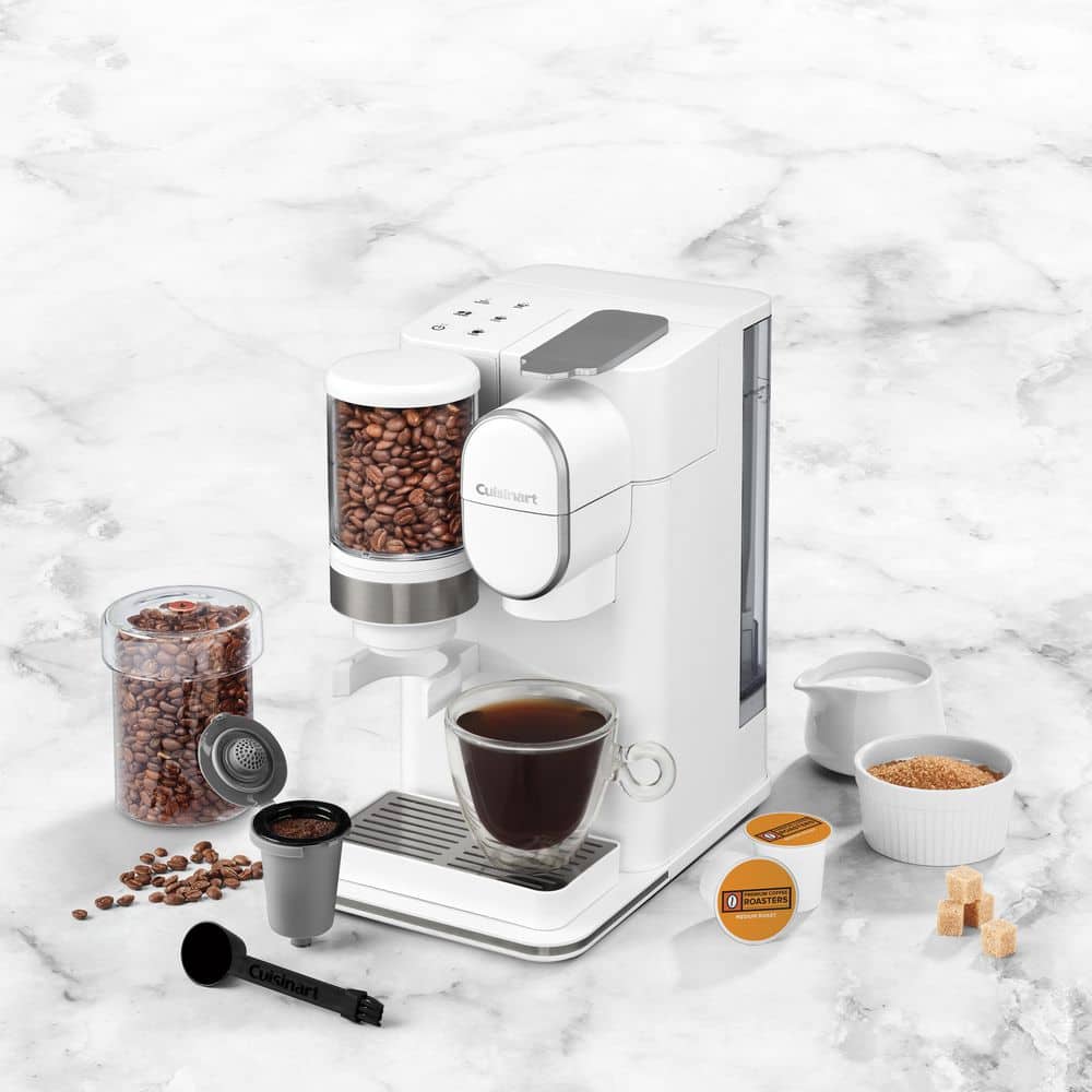 White Single-Serve Coffee Maker with Conical Burr Grinder