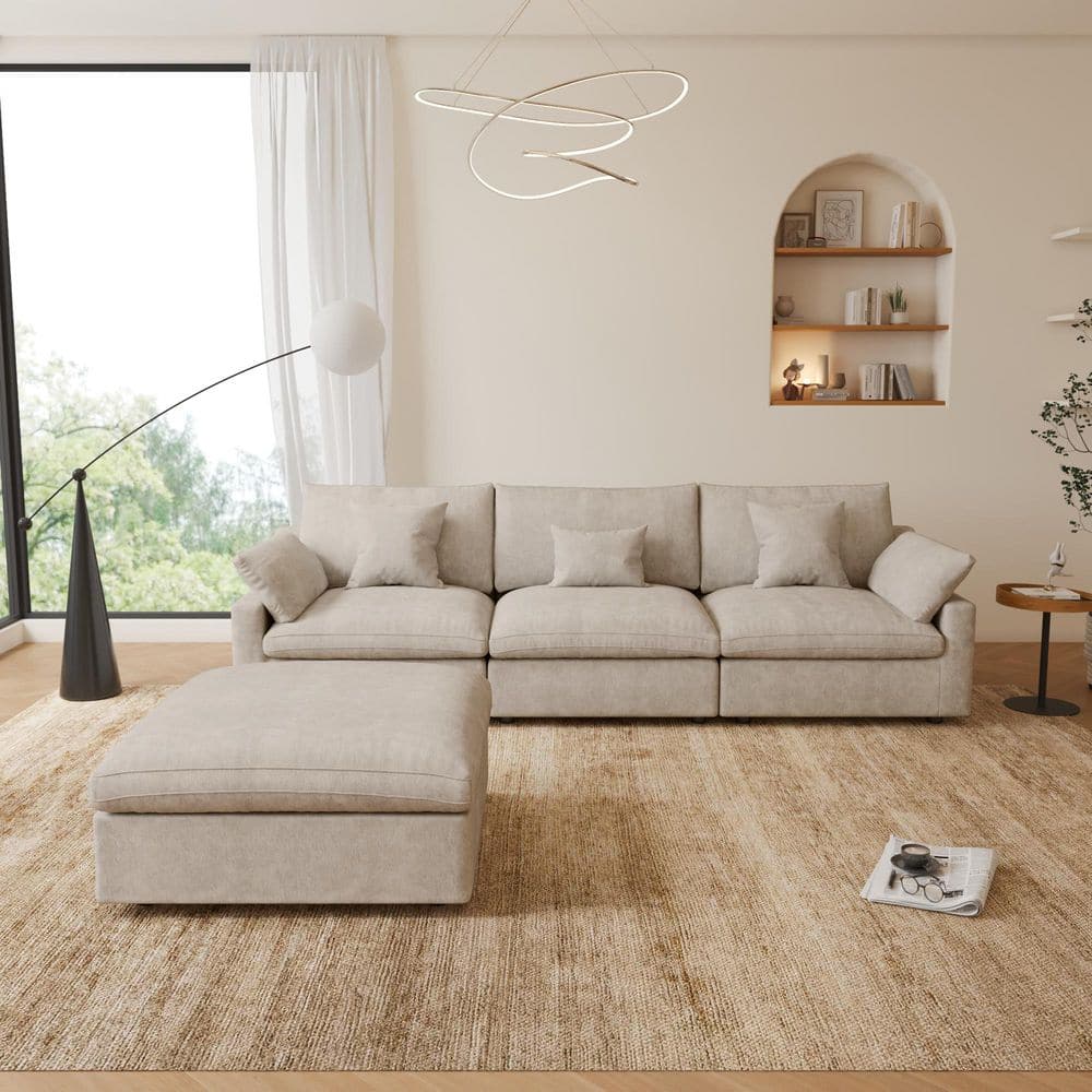 119 in. Square Arm Linen 4-Piece Oversized L-Shaped Cloud Modular Sectional Sofa with Ottoman, Washable Covers in Khaki