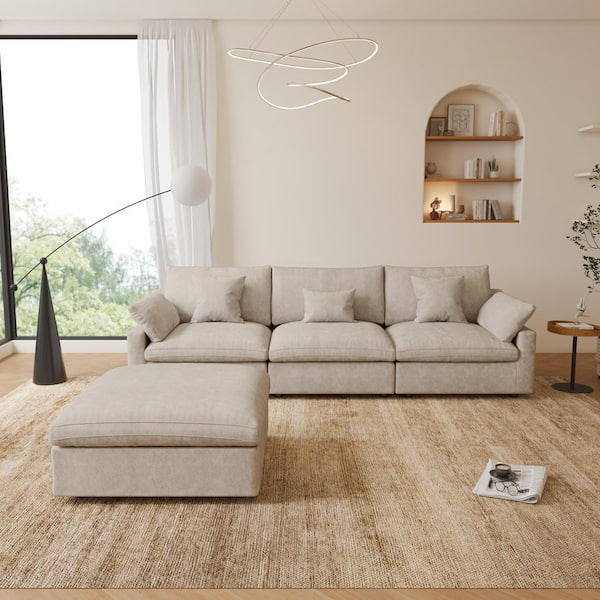 119 in. Square Arm Linen 4-Piece Oversized L-Shaped Cloud Modular Sectional Sofa with Ottoman, Washable Covers in Khaki
