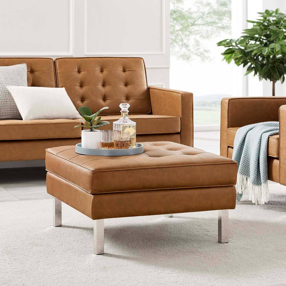 Loft Tufted Tan Faux Leather Ottoman with Silver Legs