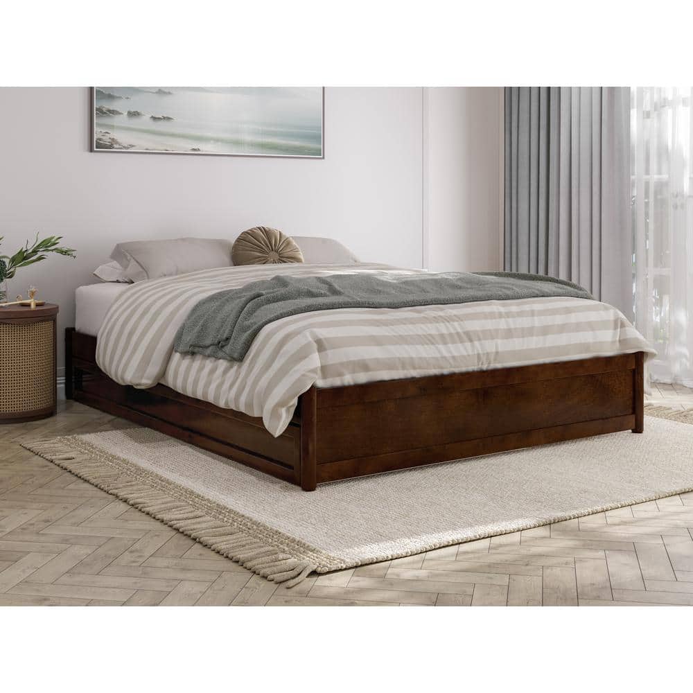 Barcelona Queen Walnut Wood Platform Bed with Twin XL Trundle