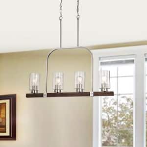 Szeto 4-Light Contemporary Brushed Nickel and Wood Finish Linear Chandelier with Seedy Glass Shades