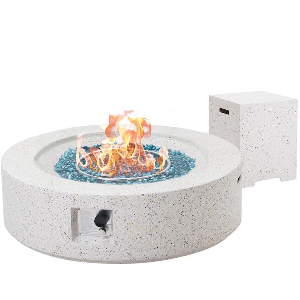 Unbranded White 41 in. 50,000 BTU Round Reinforced Concrete Outdoor Fire Pit Table with Glass Stones, Tank Cover