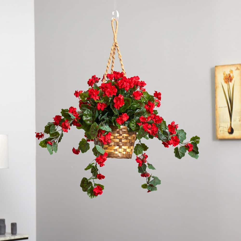 Red Geranium Hanging Basket with Greenery for Outdoor Decor