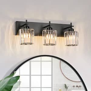 Orillia 20.5 in. 3-Light Black Bathroom Vanity Light with Crystal Shade Wall Sconce Over Mirror