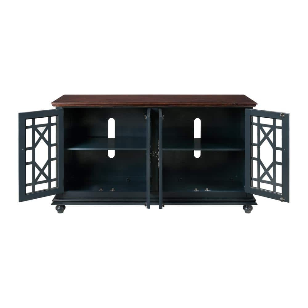 Antique Blue and Walnut 63" TV Stand with Cabinets